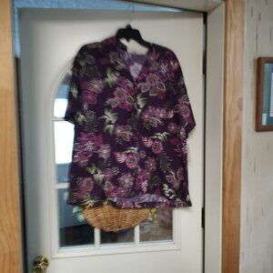 New Erika Dark Plum Flowered Short Sleeve Button Down Shirt Size Women's 2X